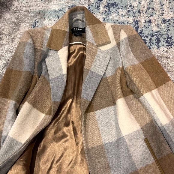 DKNY Single Breasted Plaid Woven Walker Coat Wool Blend Pea Coat - Picture 3 of 8